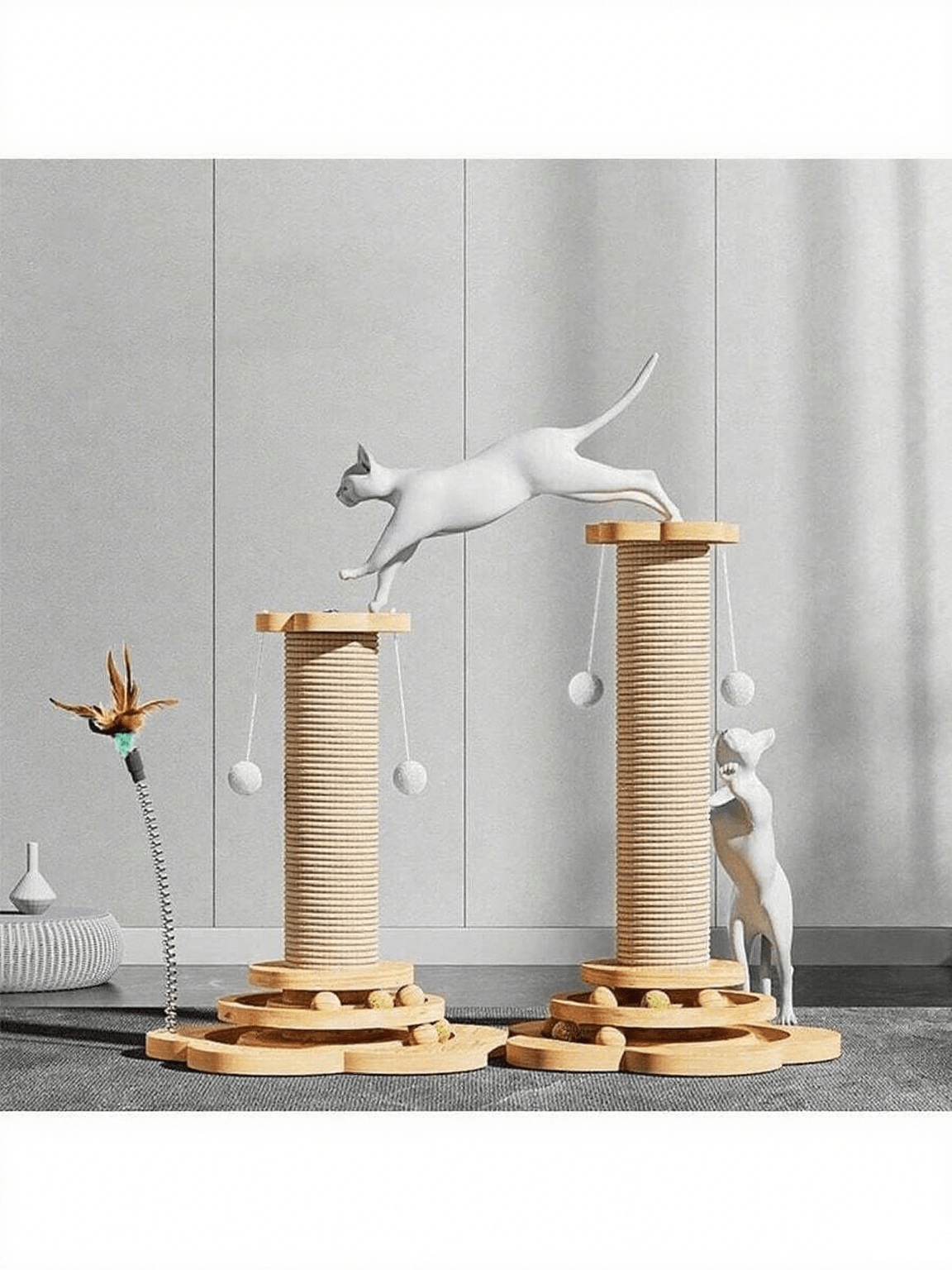 Brown mini sisal cat scratching post and kitten climbing tower with interactive plush ball and feather toys.