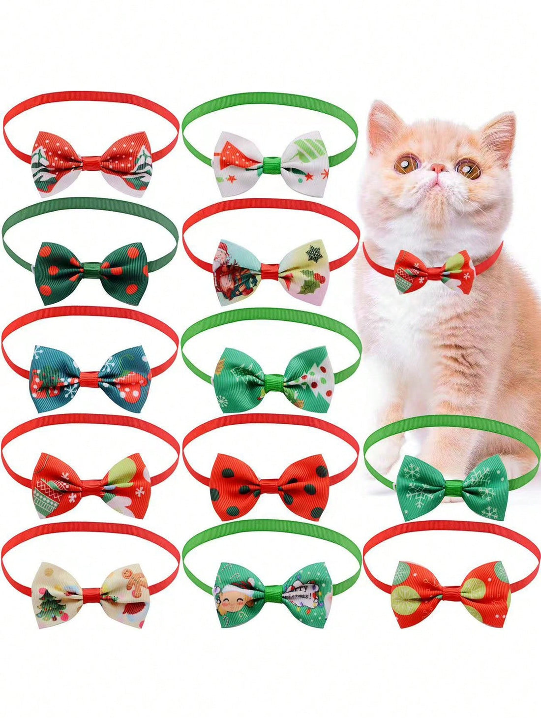 Multicolor Christmas polyester bow tie necklace for cats and dogs, designed as a festive pet collar decoration for holiday parties and dress-up.
