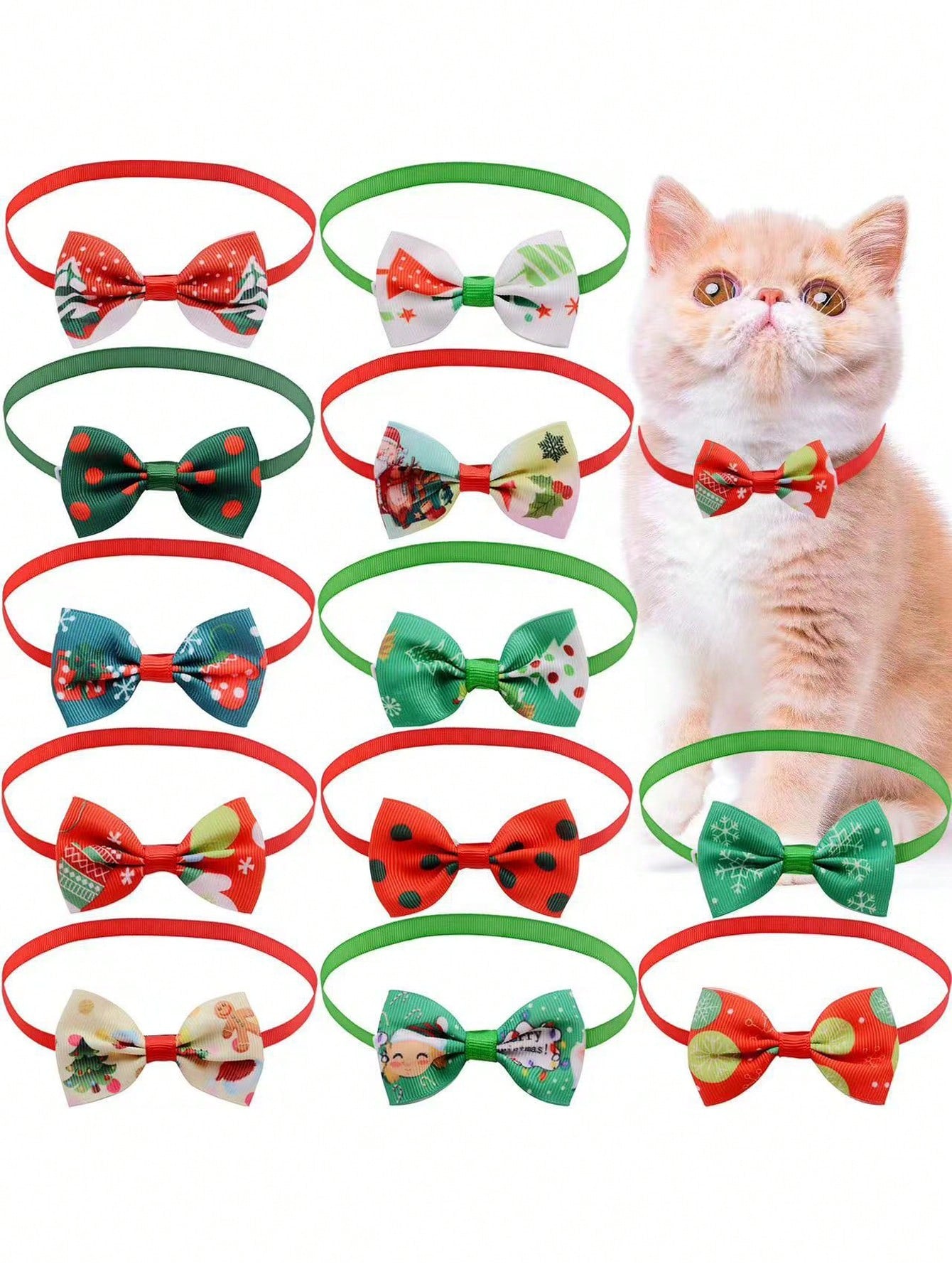 Multicolor Christmas polyester bow tie necklace for cats and dogs, designed as a festive pet collar decoration for holiday parties and dress-up.