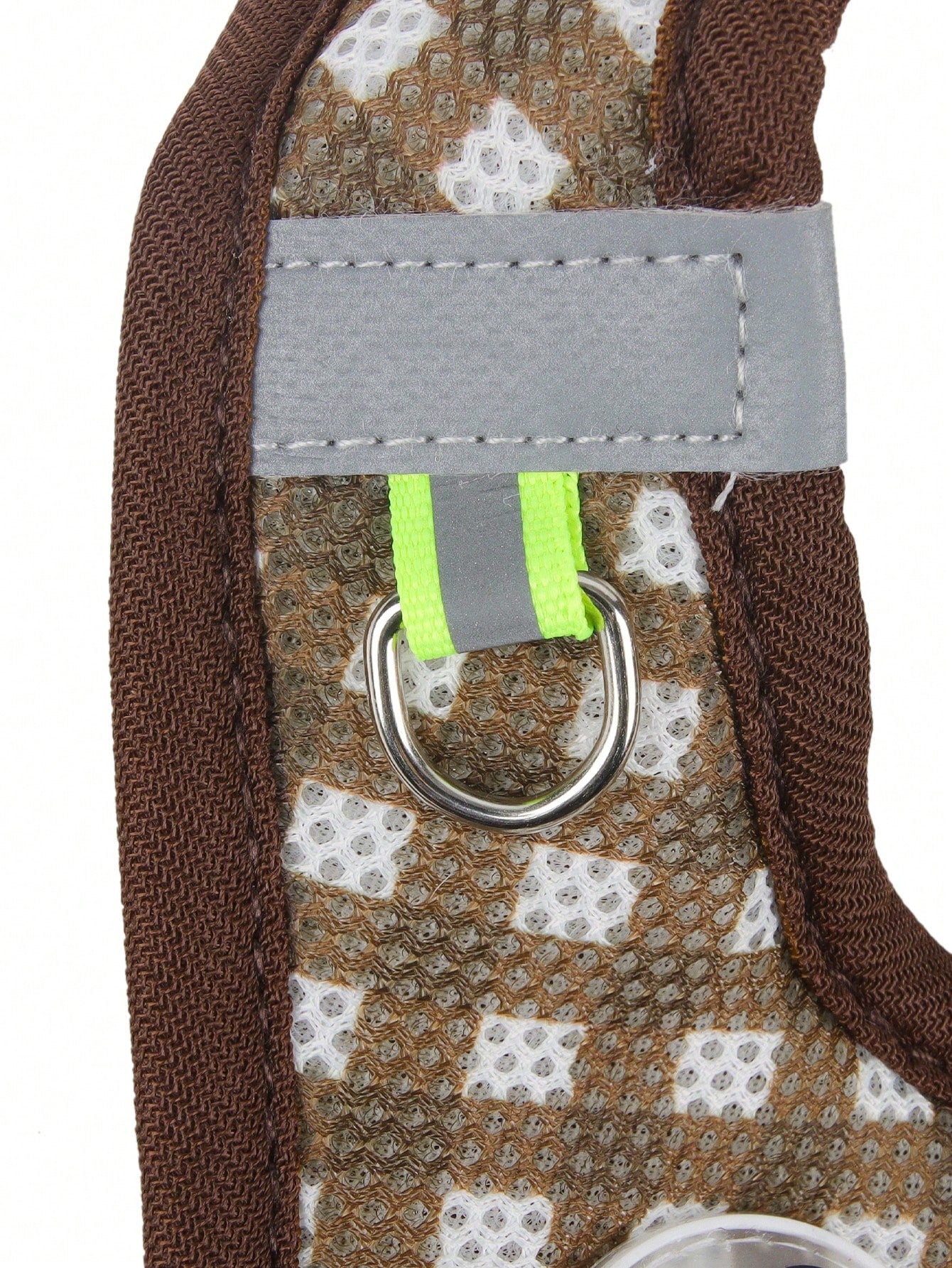 Coffee brown plaid pet harness and leash set made from breathable polyester with reflective strips, suitable for cats and dogs during outdoor walking and night use.