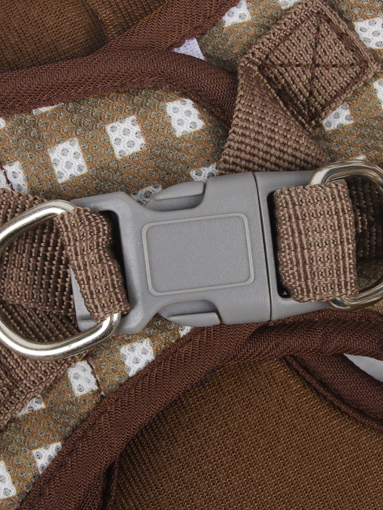 Coffee brown plaid pet harness and leash set made from breathable polyester with reflective strips, suitable for cats and dogs during outdoor walking and night use.