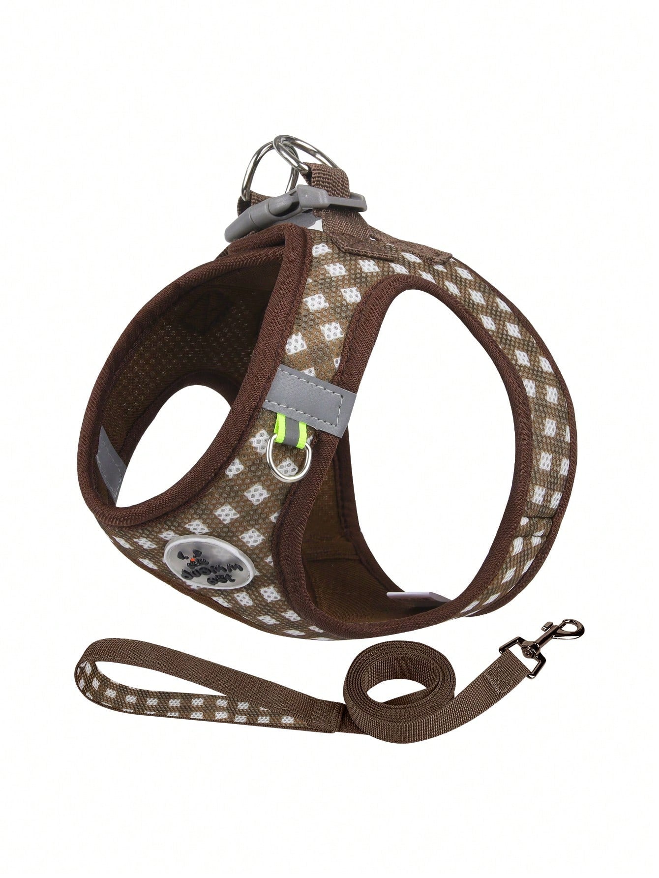Coffee brown plaid pet harness and leash set made from breathable polyester with reflective strips, suitable for cats and dogs during outdoor walking and night use.