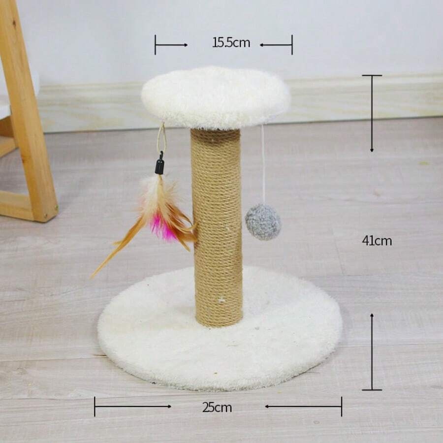 Brown mini sisal cat scratching post and kitten climbing tower with interactive plush ball and feather toys.