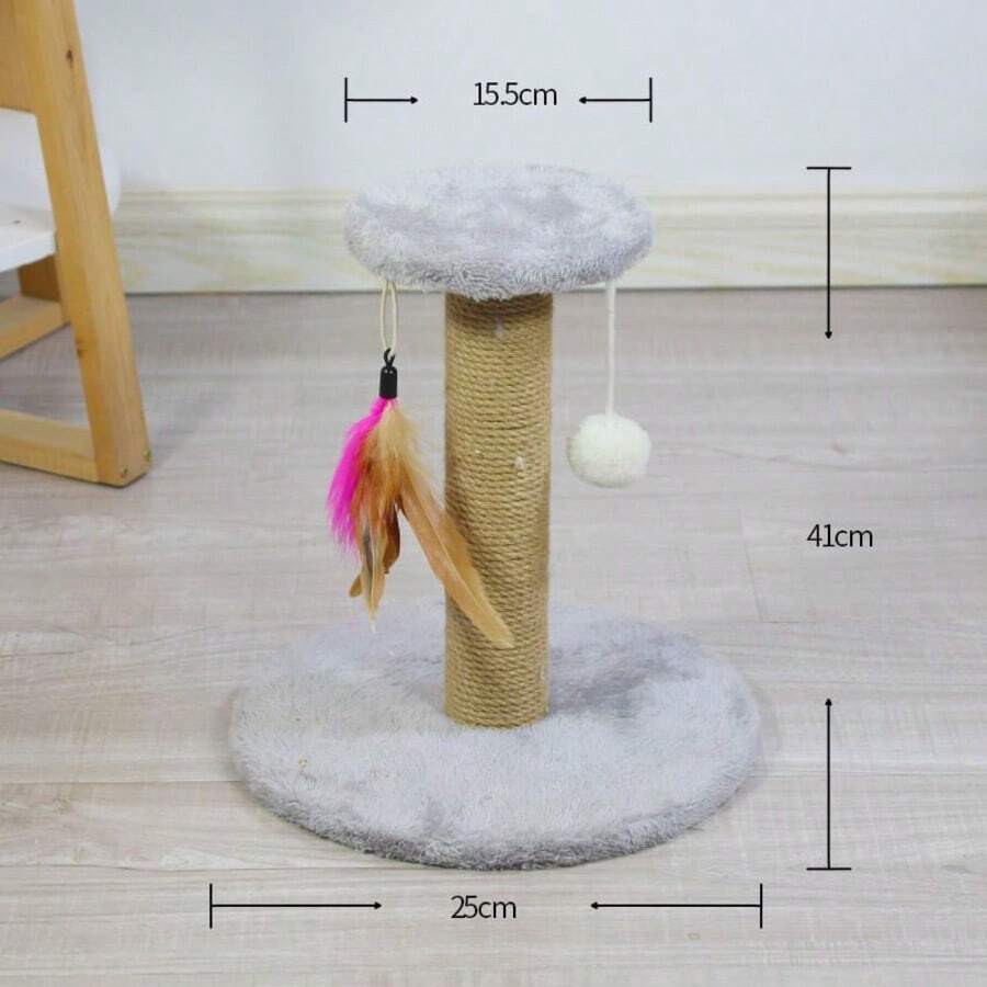 Brown mini sisal cat scratching post and kitten climbing tower with interactive plush ball and feather toys.