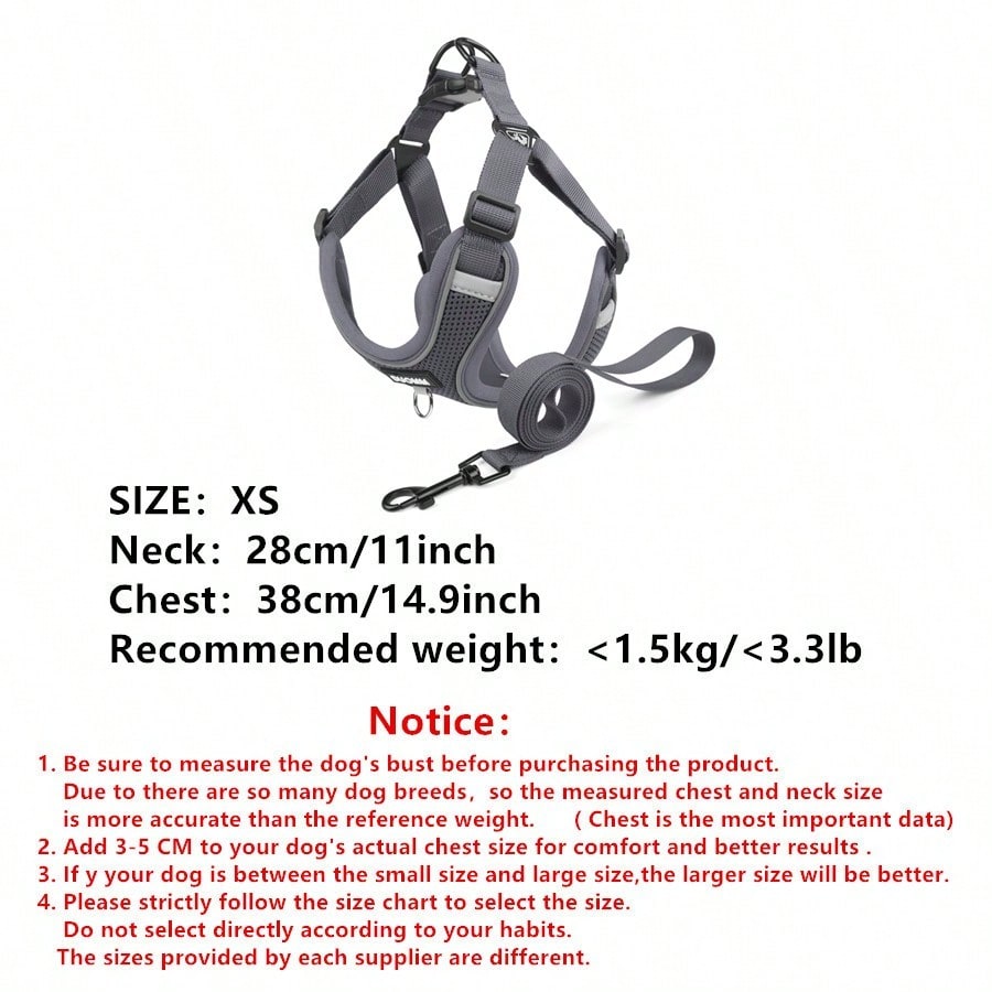 Black reflective dog leash set with adjustable polyester harness and collar, soft breathable mesh design for small and medium dogs during outdoor walks