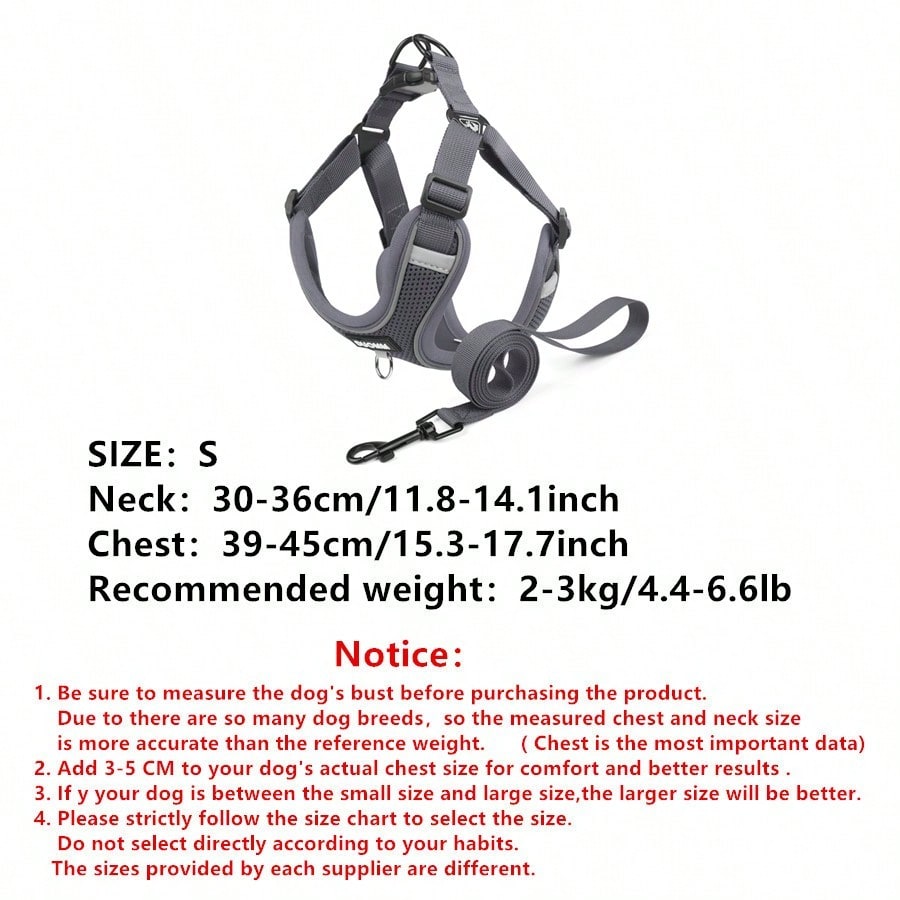 Black reflective dog leash set with adjustable polyester harness and collar, soft breathable mesh design for small and medium dogs during outdoor walks