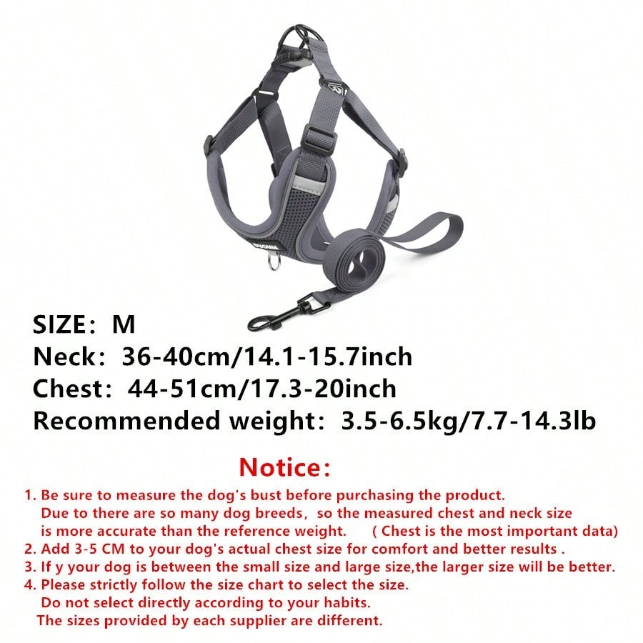Black reflective dog leash set with adjustable polyester harness and collar, soft breathable mesh design for small and medium dogs during outdoor walks