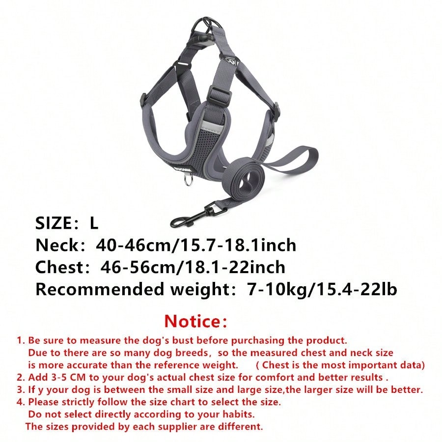 Black reflective dog leash set with adjustable polyester harness and collar, soft breathable mesh design for small and medium dogs during outdoor walks