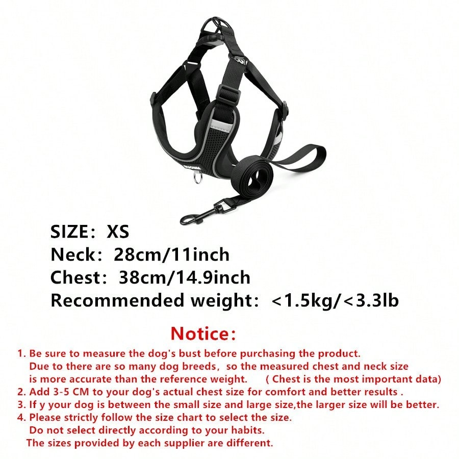 Black reflective dog leash set with adjustable polyester harness and collar, soft breathable mesh design for small and medium dogs during outdoor walks