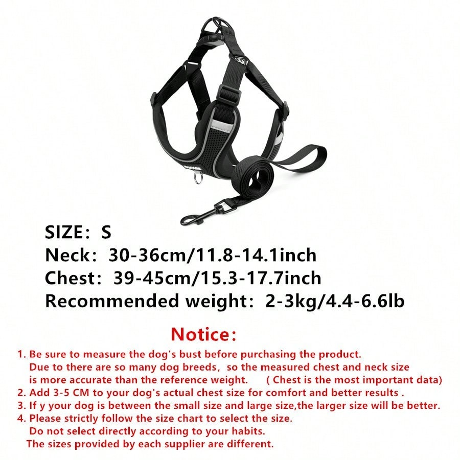 Black reflective dog leash set with adjustable polyester harness and collar, soft breathable mesh design for small and medium dogs during outdoor walks