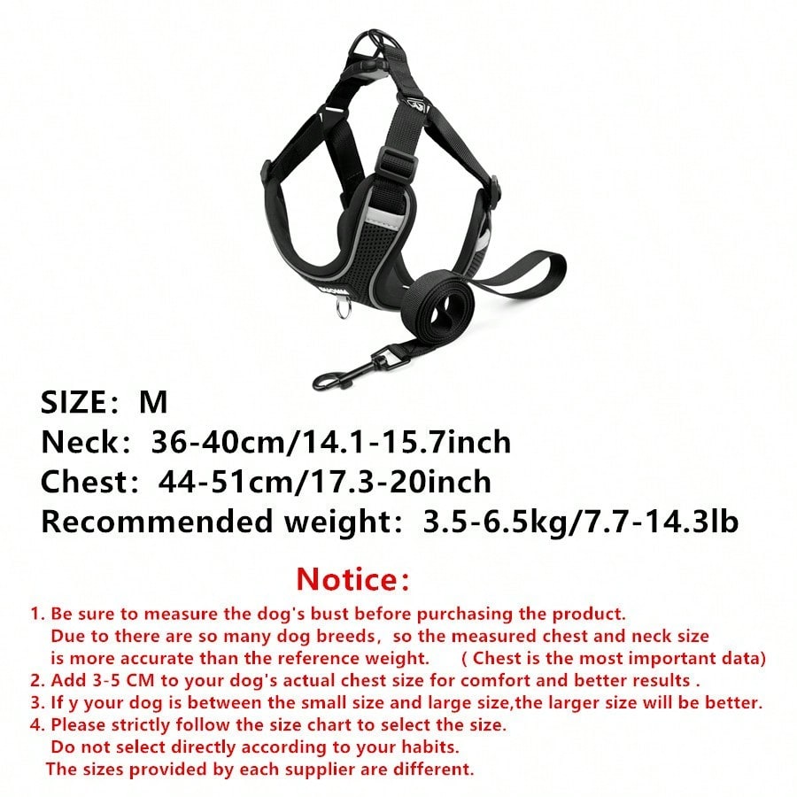 Black reflective dog leash set with adjustable polyester harness and collar, soft breathable mesh design for small and medium dogs during outdoor walks