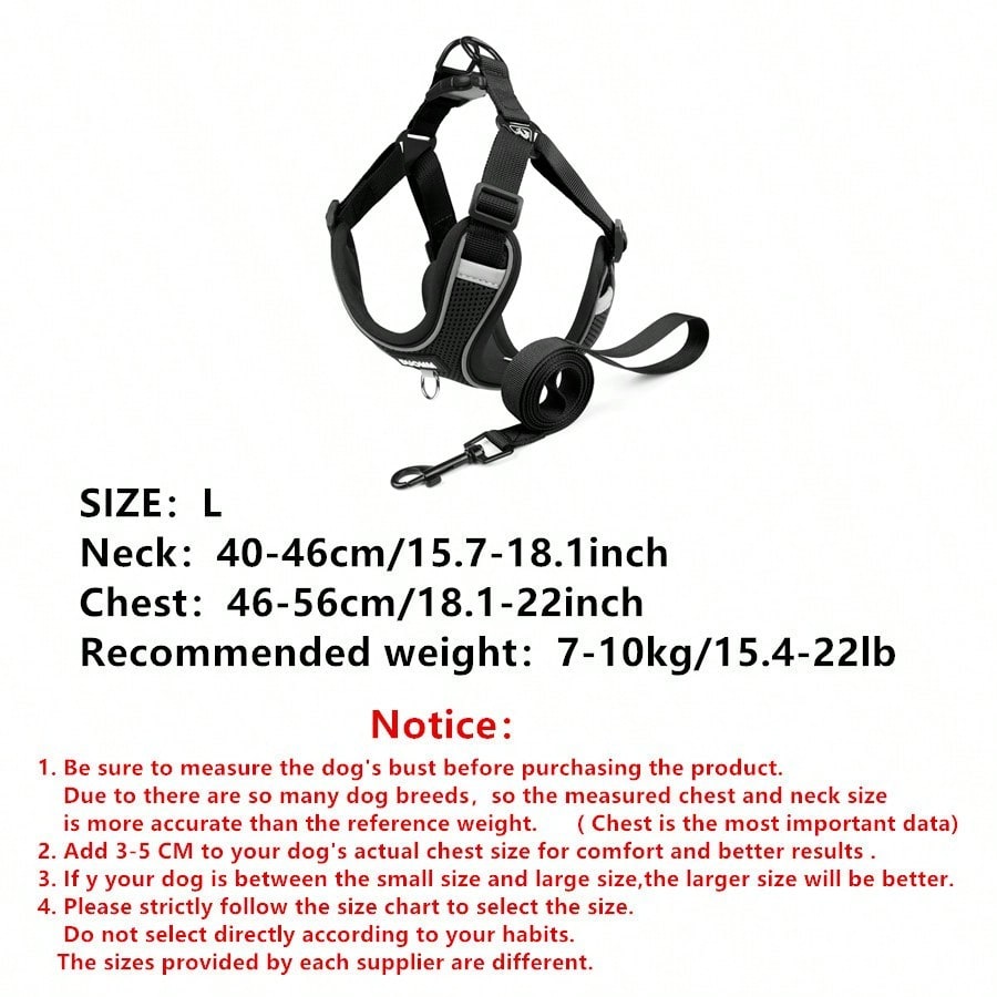 Black reflective dog leash set with adjustable polyester harness and collar, soft breathable mesh design for small and medium dogs during outdoor walks