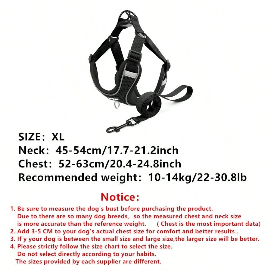 Black reflective dog leash set with adjustable polyester harness and collar, soft breathable mesh design for small and medium dogs during outdoor walks