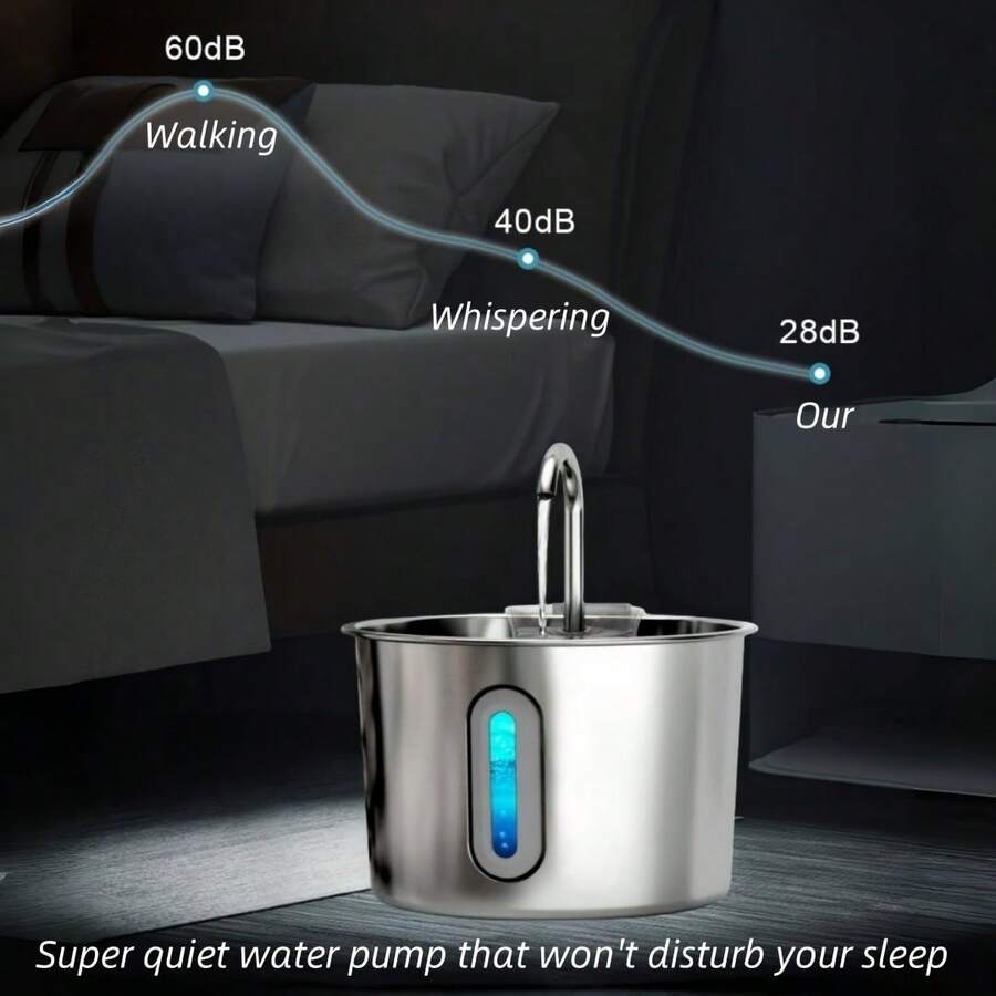 Stainless steel cat water fountain with 2.2L capacity, blue LED light, water viewing window, and USB power cord.