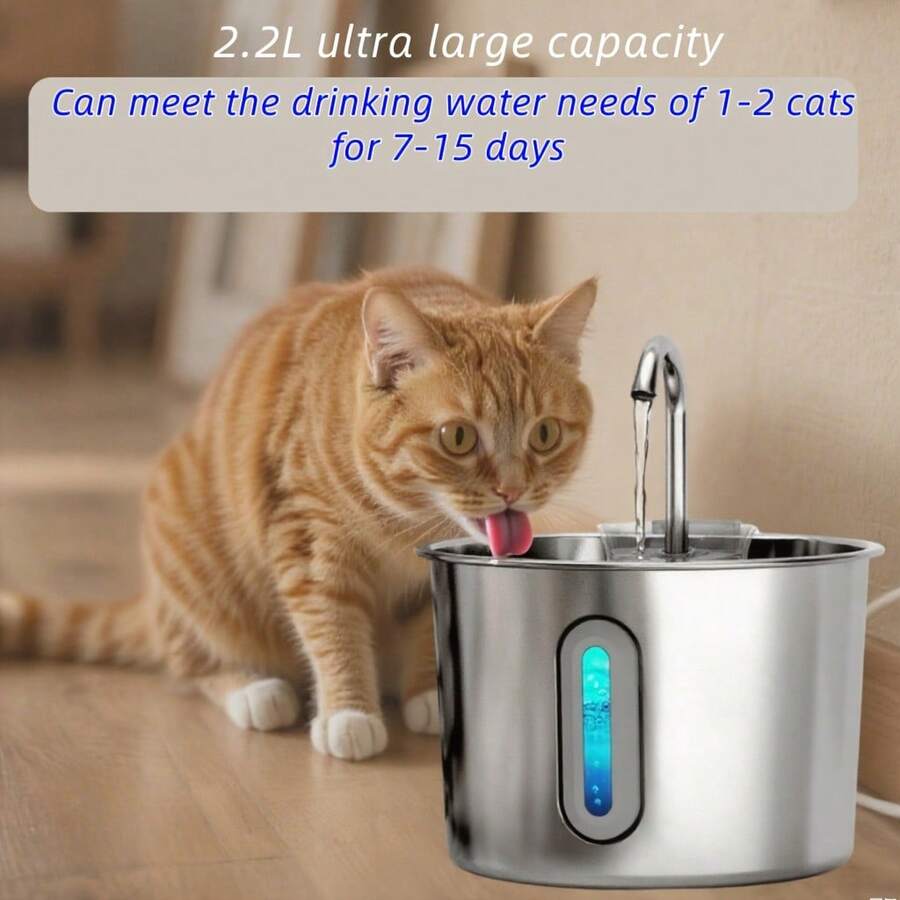 Stainless steel cat water fountain with 2.2L capacity, blue LED light, water viewing window, and USB power cord.