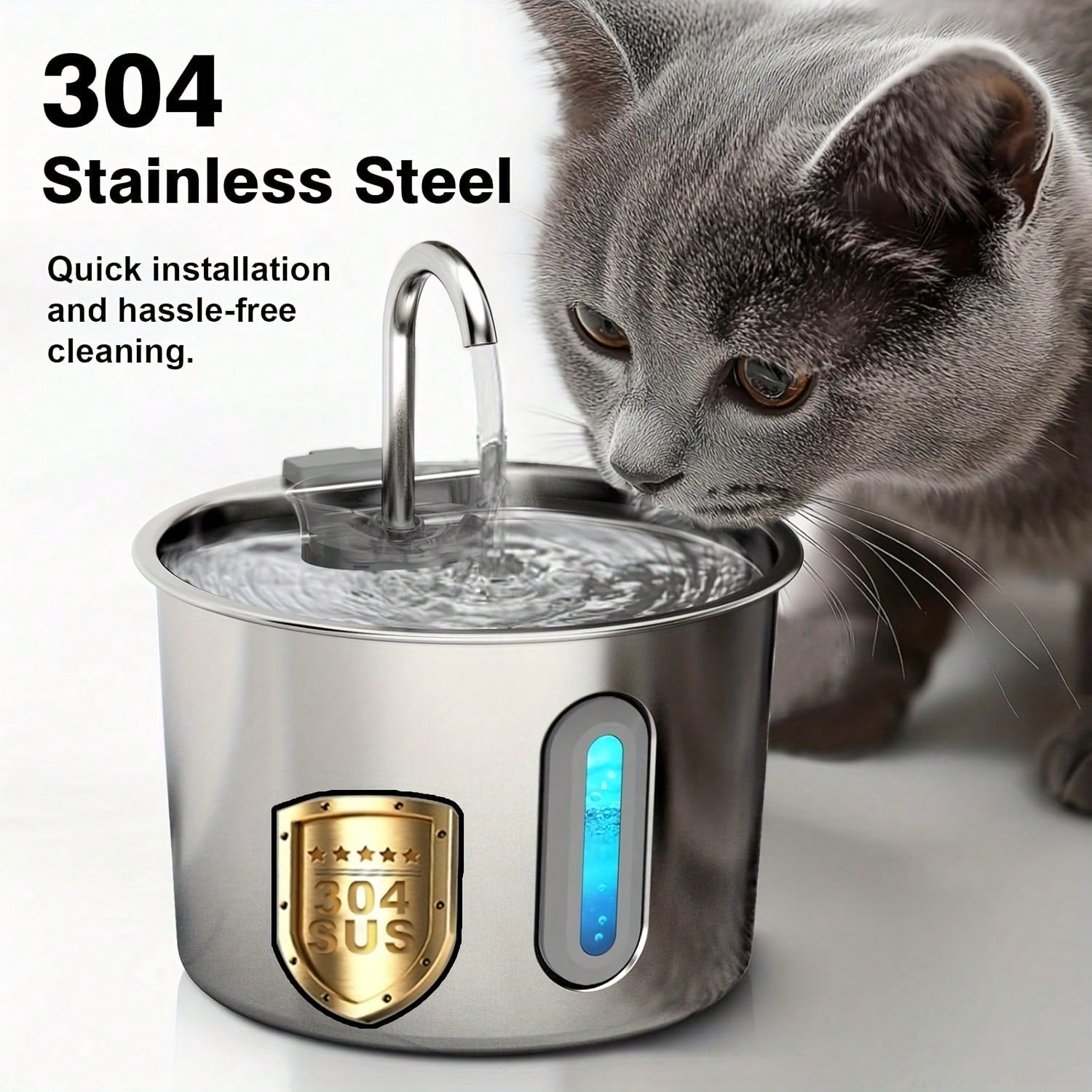 Stainless steel cat water fountain with 2.2L capacity, blue LED light, water viewing window, and USB power cord.