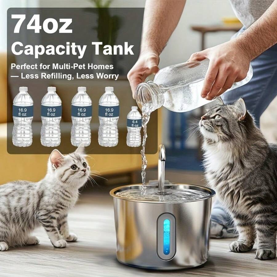 Stainless steel cat water fountain with 2.2L capacity, blue LED light, water viewing window, and USB power cord.