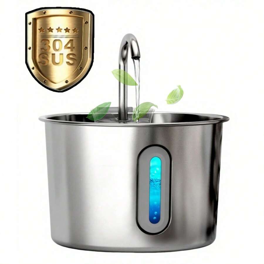 Stainless steel cat water fountain with 2.2L capacity, blue LED light, water viewing window, and USB power cord.