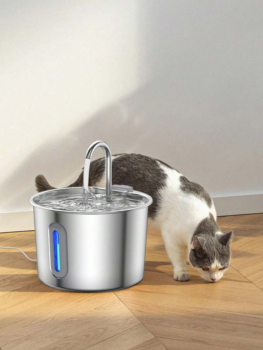 Stainless steel cat water fountain with 2.2L capacity, blue LED light, water viewing window, and USB power cord.