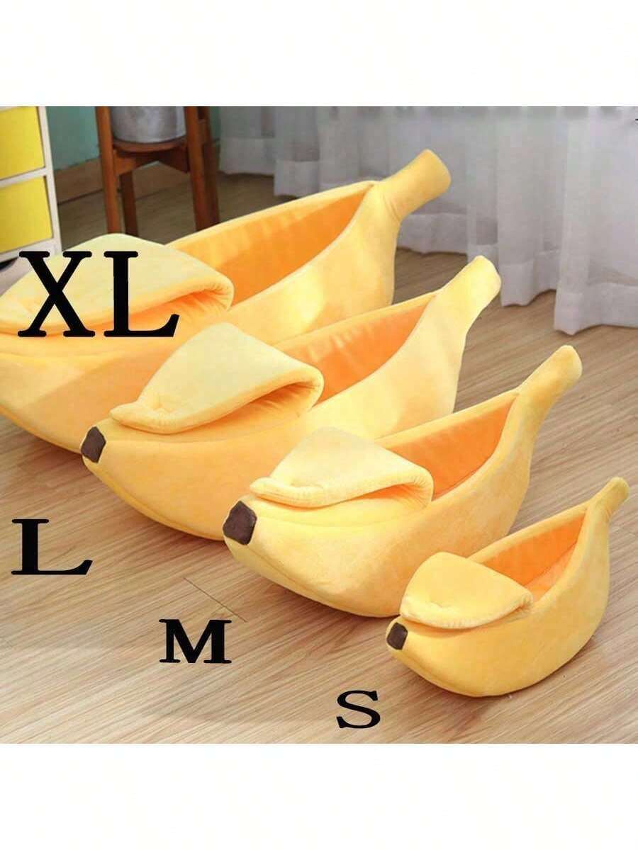 Yellow banana shaped warm pet bed with a covered lid for indoor cats and small dogs