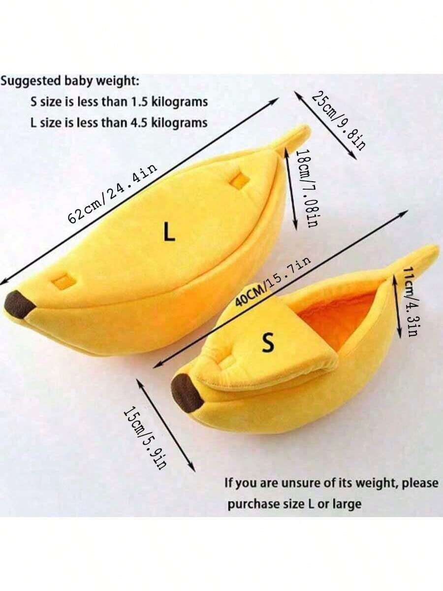 Yellow banana shaped warm pet bed with a covered lid for indoor cats and small dogs