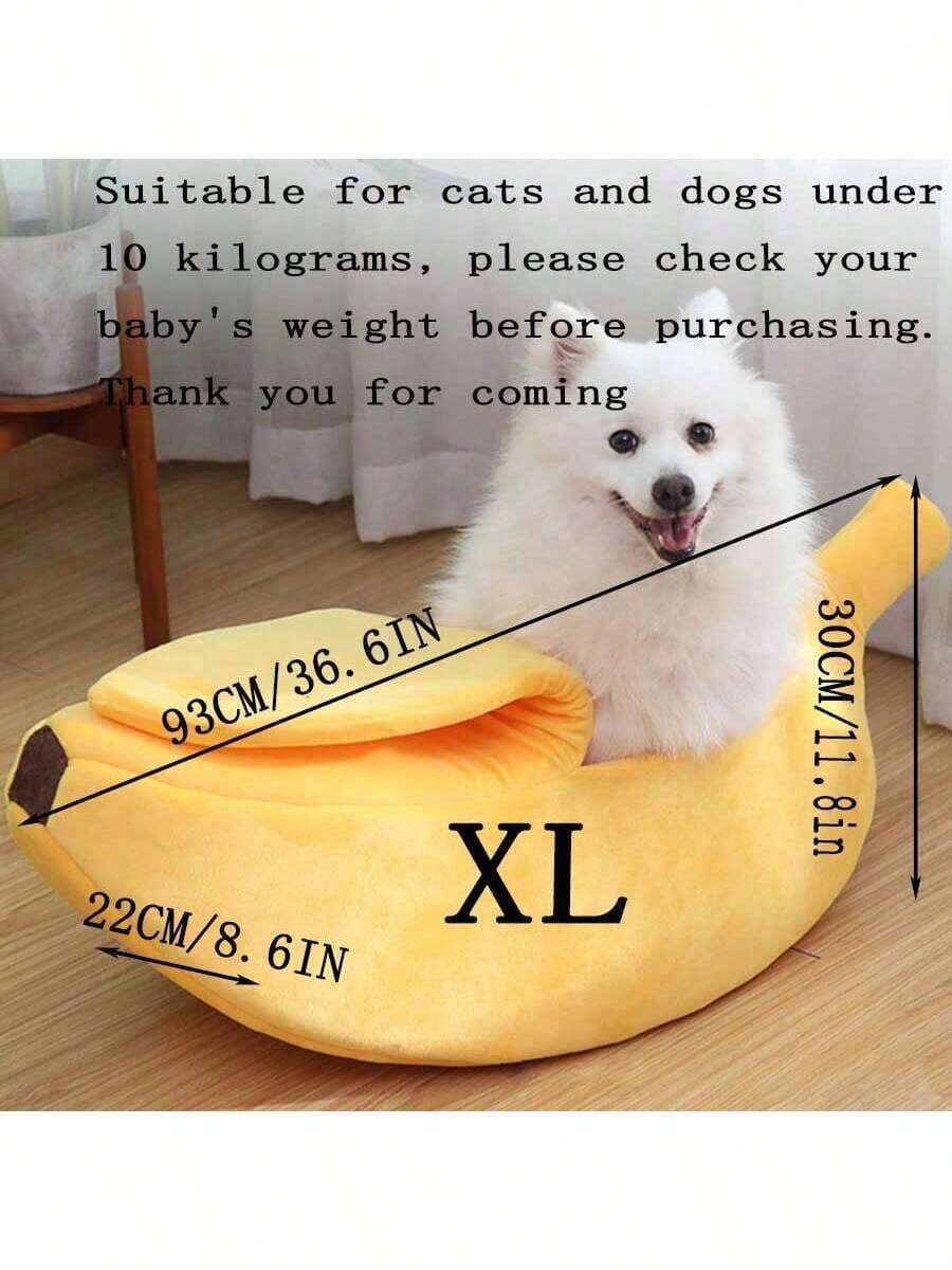 Yellow banana shaped warm pet bed with a covered lid for indoor cats and small dogs