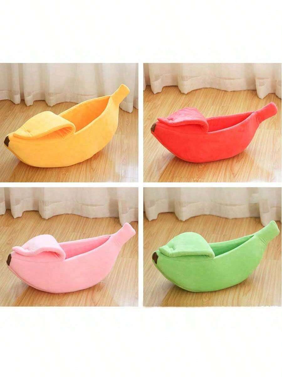 Yellow banana shaped warm pet bed with a covered lid for indoor cats and small dogs
