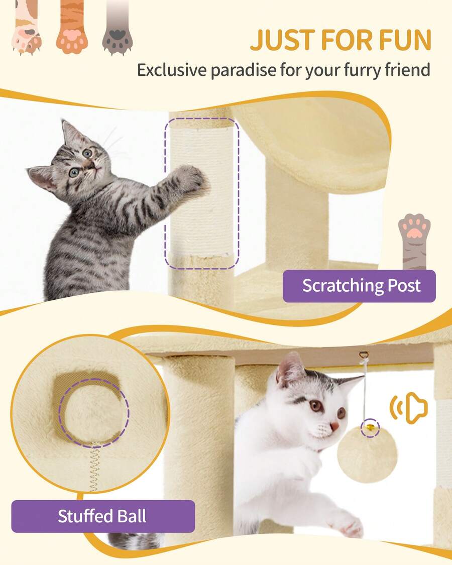 Light grey 67-inch multi-level cat tree featuring two condo caves, plush top perch, hammock, 8 natural sisal scratching posts, and hanging pom-pom toys for indoor cats.