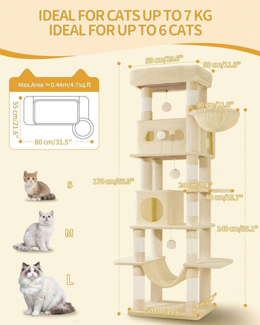 Light grey 67-inch multi-level cat tree featuring two condo caves, plush top perch, hammock, 8 natural sisal scratching posts, and hanging pom-pom toys for indoor cats.