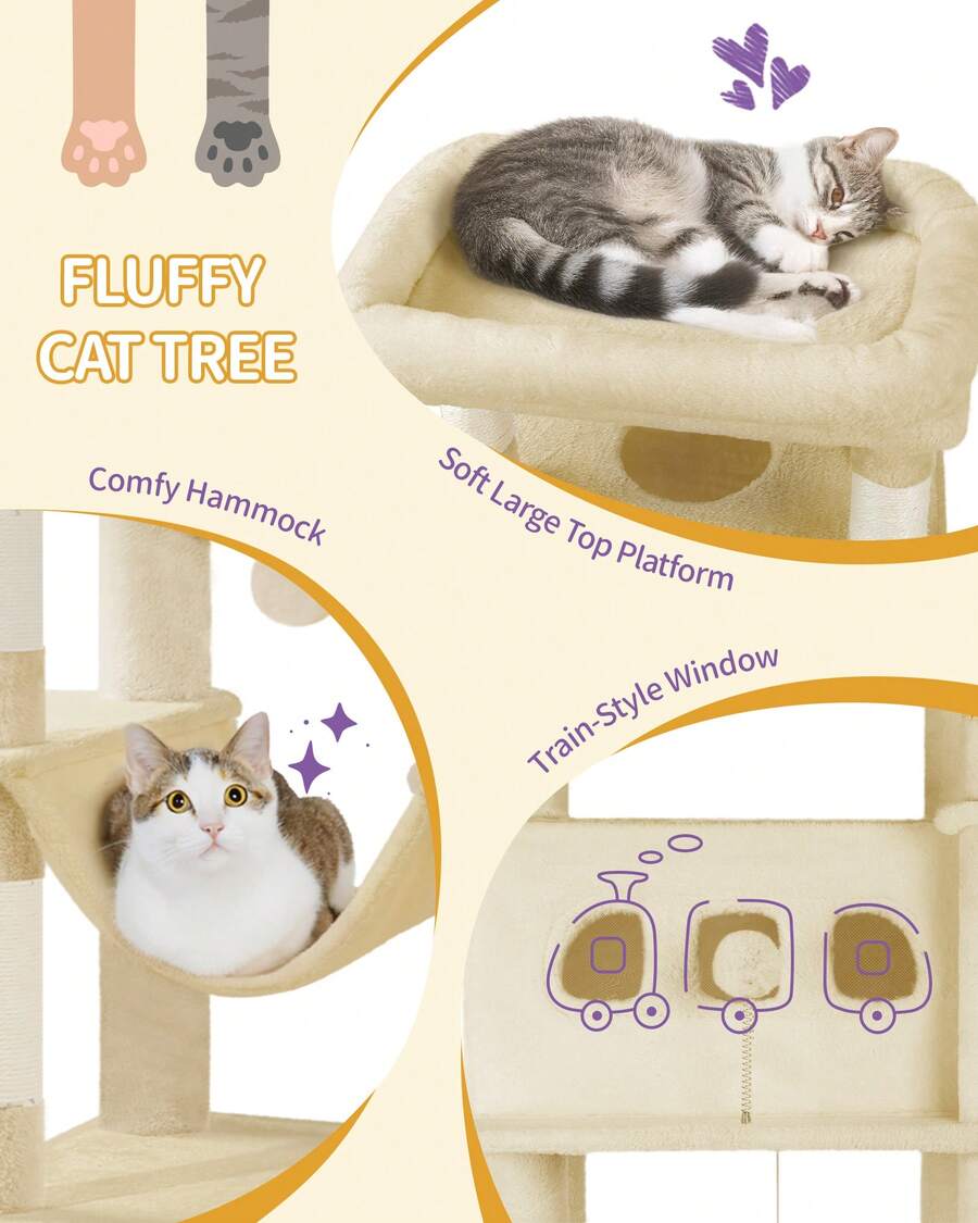 Light grey 67-inch multi-level cat tree featuring two condo caves, plush top perch, hammock, 8 natural sisal scratching posts, and hanging pom-pom toys for indoor cats.