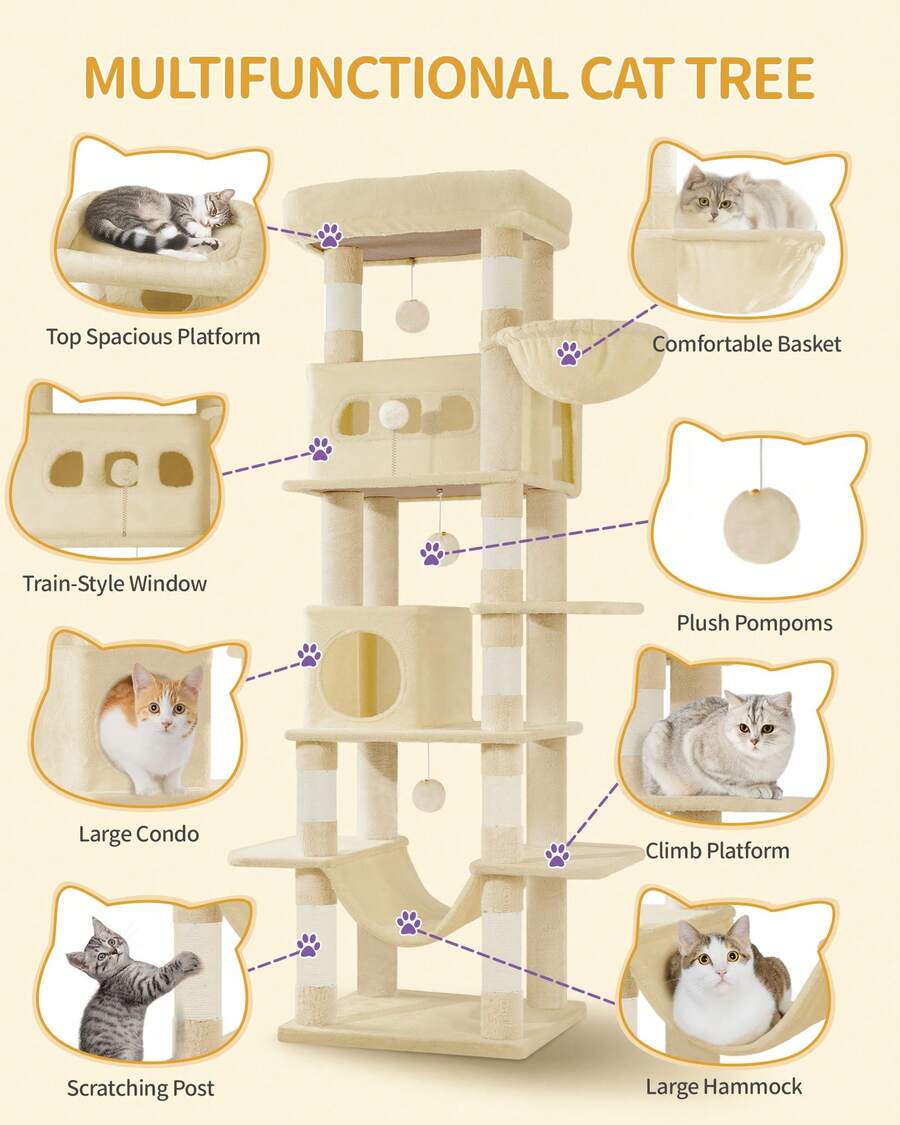 Light grey 67-inch multi-level cat tree featuring two condo caves, plush top perch, hammock, 8 natural sisal scratching posts, and hanging pom-pom toys for indoor cats.