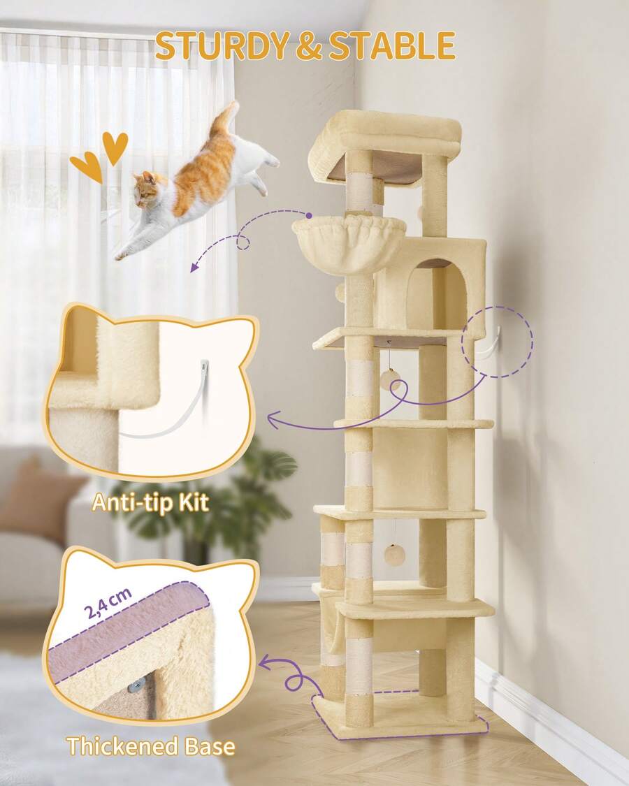 Light grey 67-inch multi-level cat tree featuring two condo caves, plush top perch, hammock, 8 natural sisal scratching posts, and hanging pom-pom toys for indoor cats.