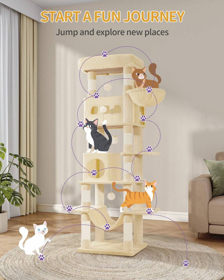 Light grey 67-inch multi-level cat tree featuring two condo caves, plush top perch, hammock, 8 natural sisal scratching posts, and hanging pom-pom toys for indoor cats.