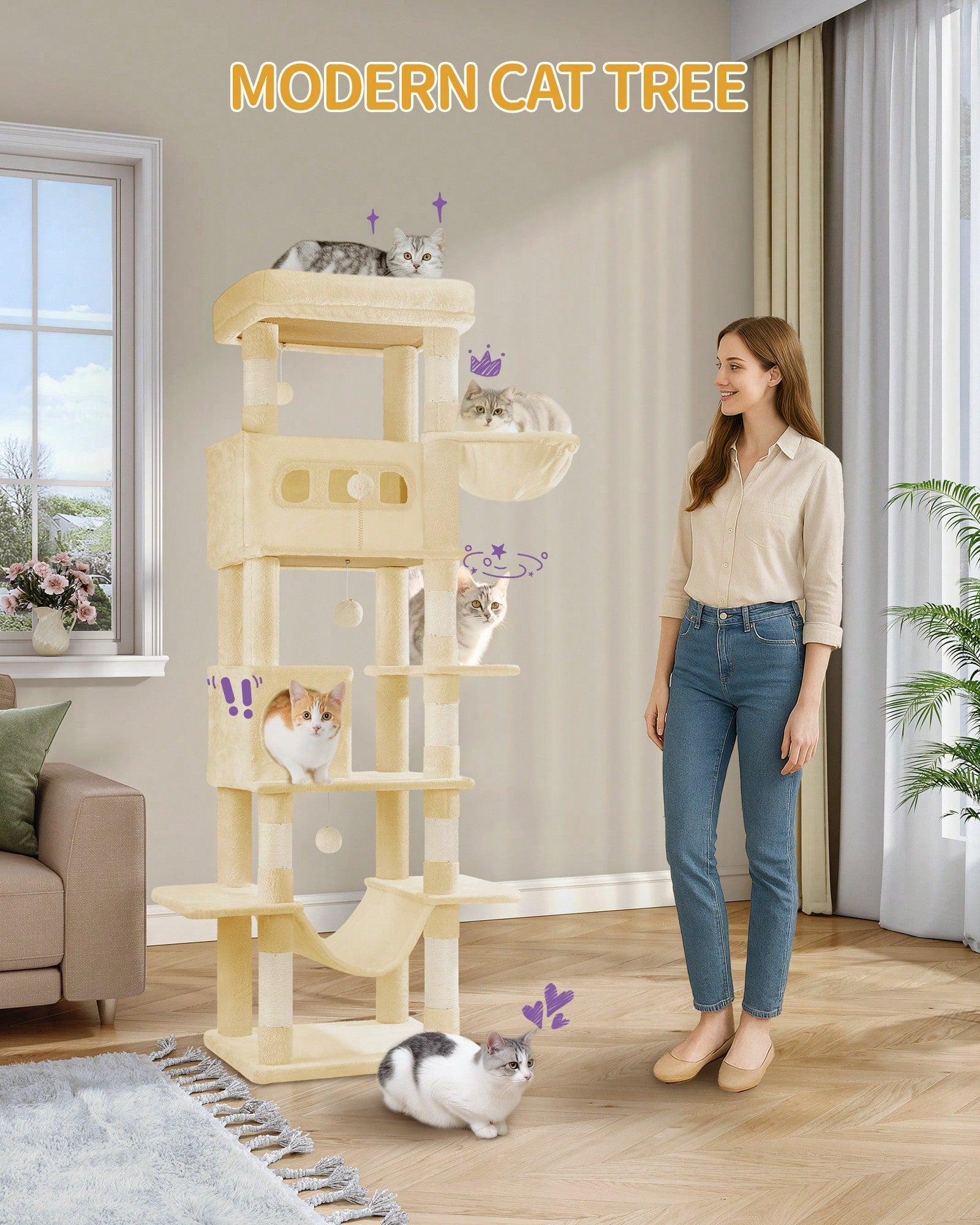 Light grey 67-inch multi-level cat tree featuring two condo caves, plush top perch, hammock, 8 natural sisal scratching posts, and hanging pom-pom toys for indoor cats.