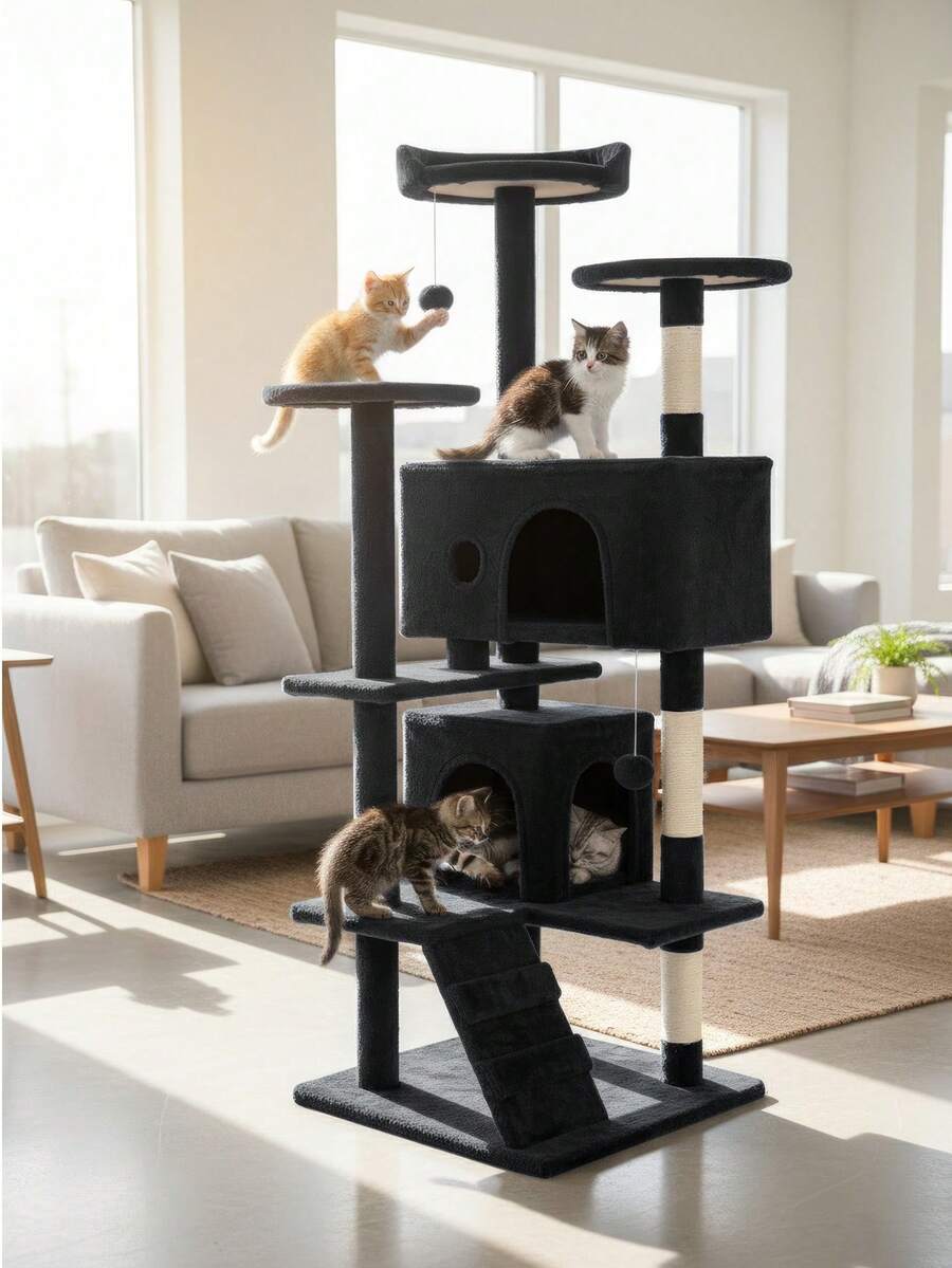 Dark gray 54-inch multi-level cat tree tower featuring 3 top perches, 2 cozy condos, scratching posts, and hanging toys for indoor cats.