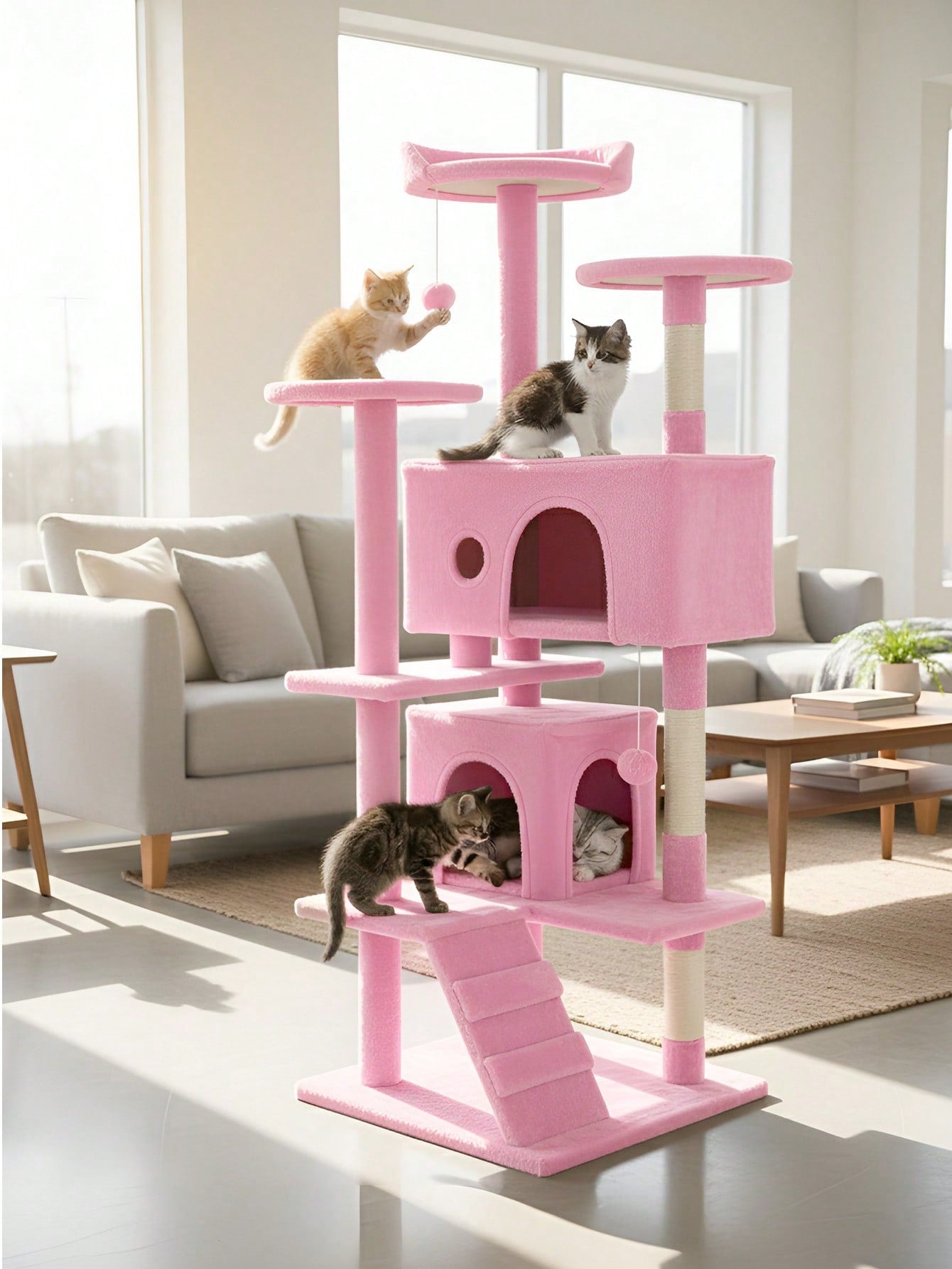 Dark gray 54-inch multi-level cat tree tower featuring 3 top perches, 2 cozy condos, scratching posts, and hanging toys for indoor cats.