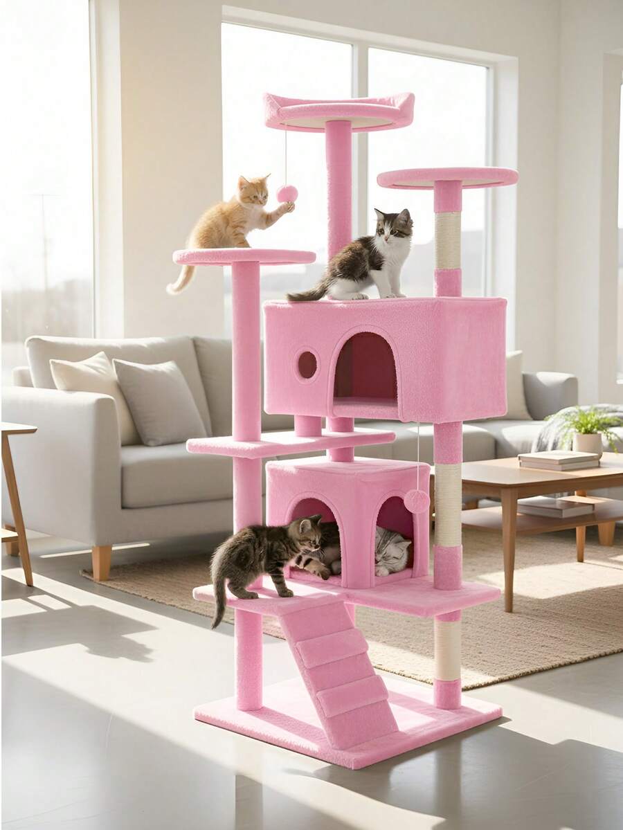 Dark gray 54-inch multi-level cat tree tower featuring 3 top perches, 2 cozy condos, scratching posts, and hanging toys for indoor cats.