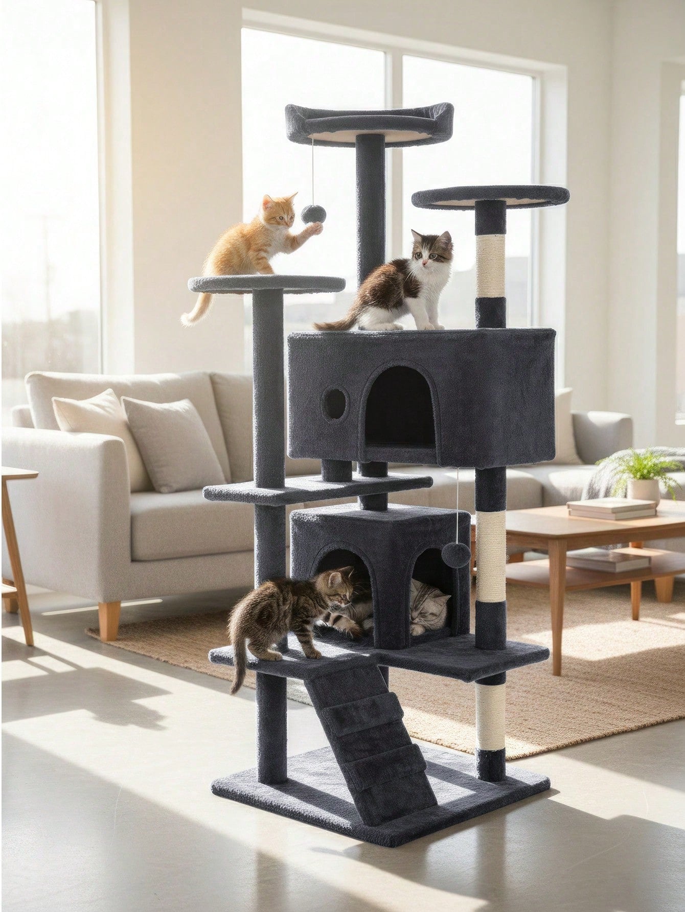 Dark gray 54-inch multi-level cat tree tower featuring 3 top perches, 2 cozy condos, scratching posts, and hanging toys for indoor cats.