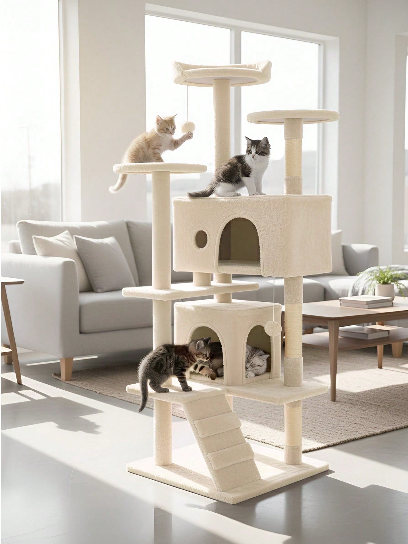 Dark gray 54-inch multi-level cat tree tower featuring 3 top perches, 2 cozy condos, scratching posts, and hanging toys for indoor cats.