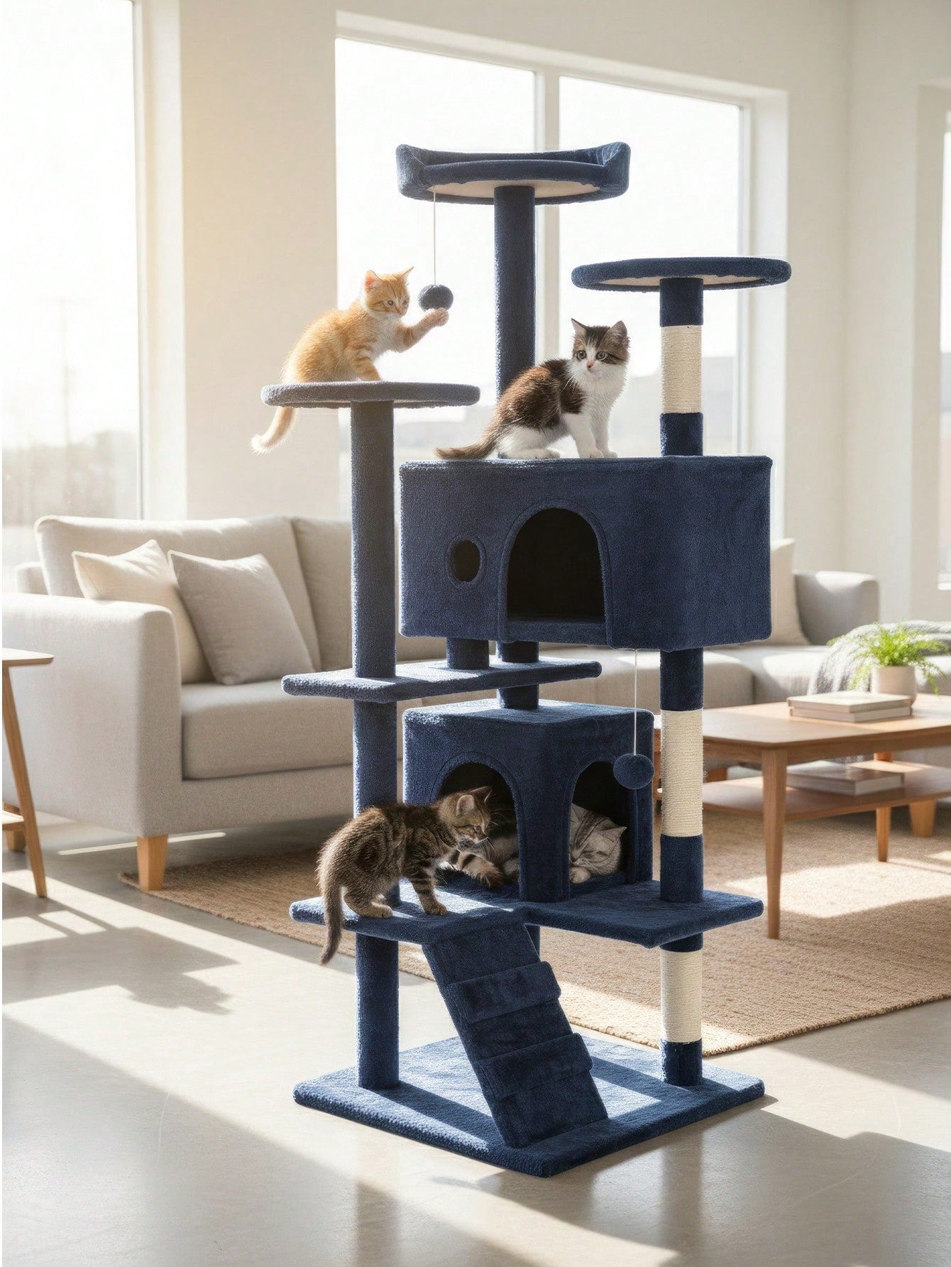 Dark gray 54-inch multi-level cat tree tower featuring 3 top perches, 2 cozy condos, scratching posts, and hanging toys for indoor cats.