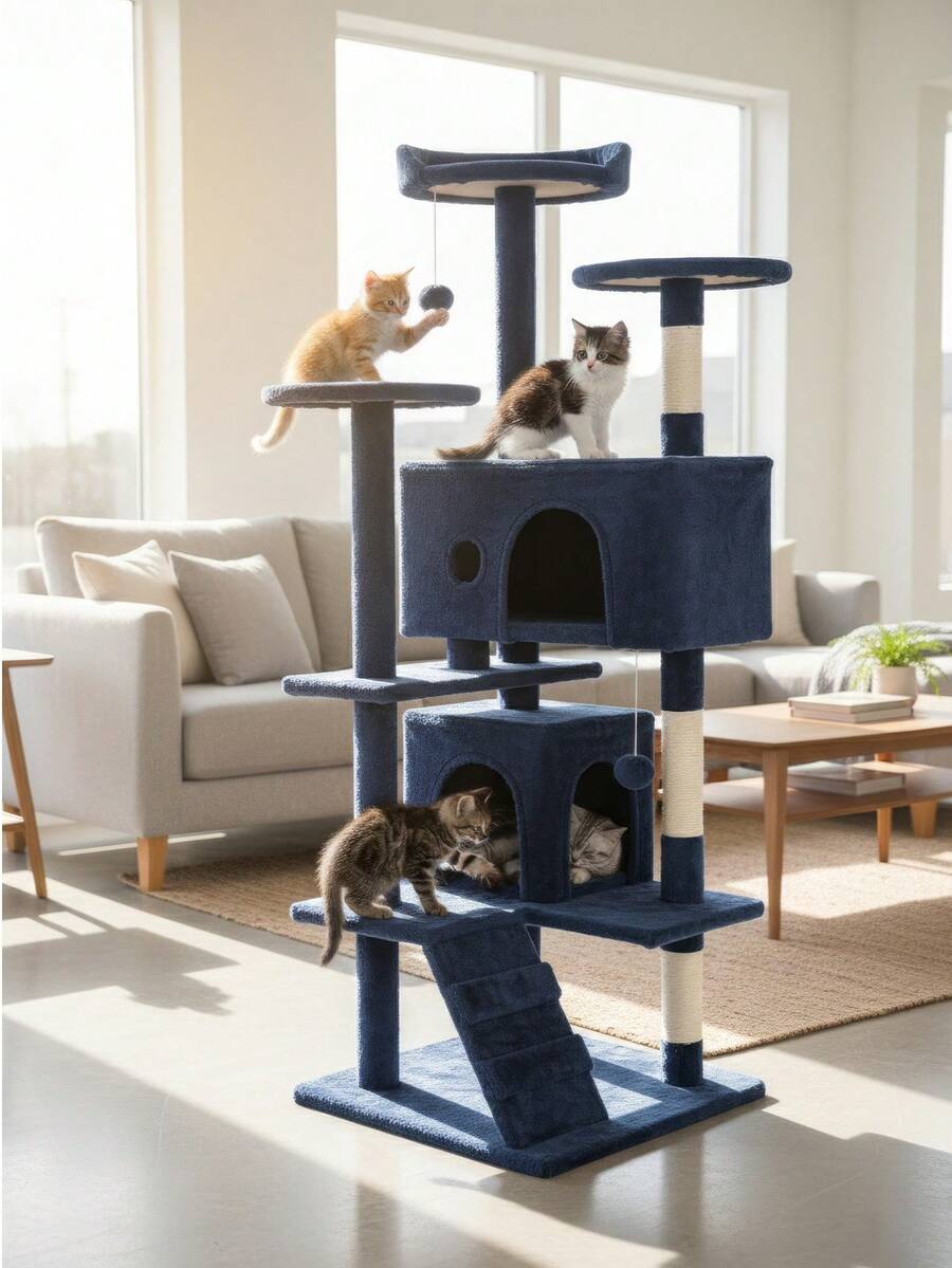 Dark gray 54-inch multi-level cat tree tower featuring 3 top perches, 2 cozy condos, scratching posts, and hanging toys for indoor cats.