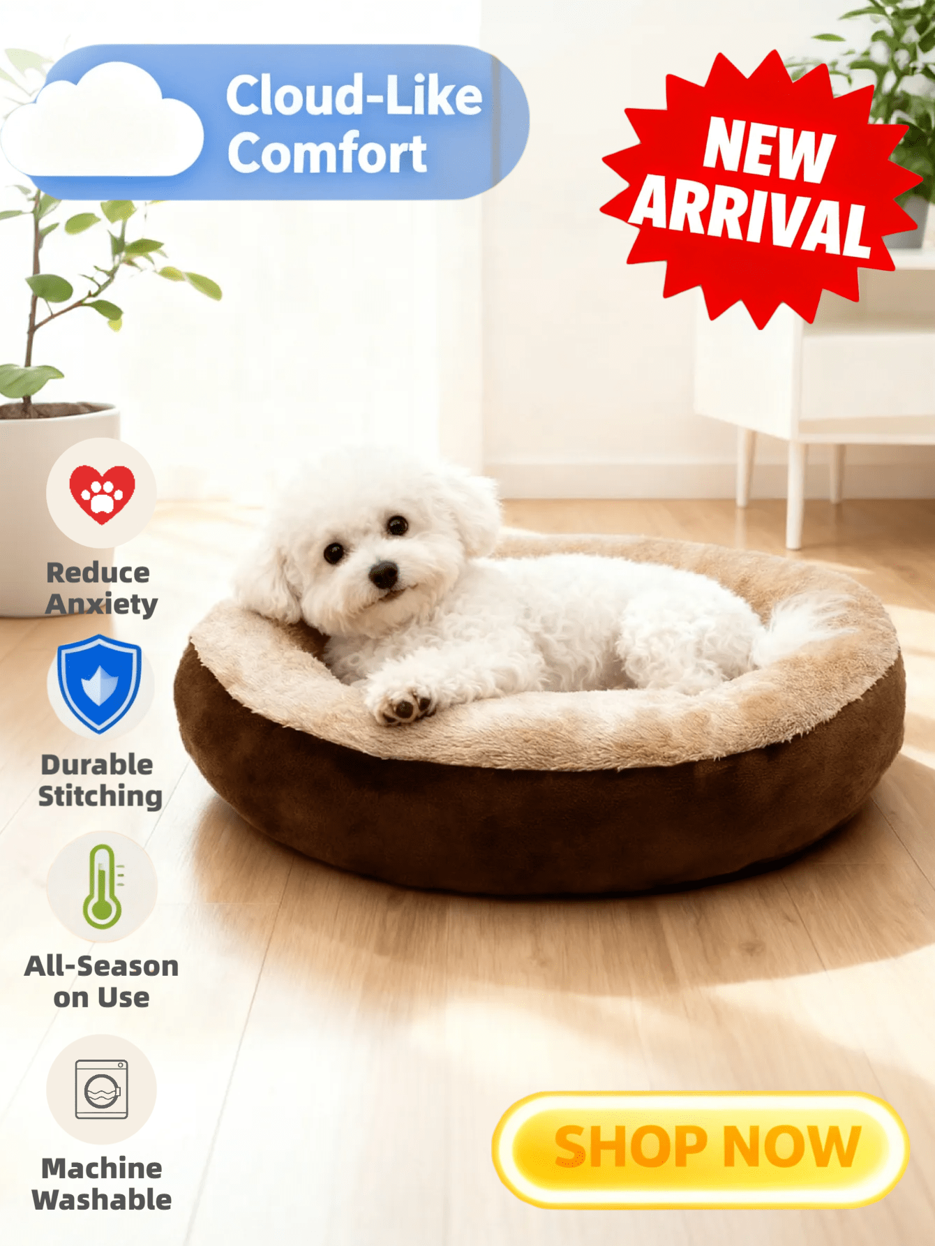 Khaki donut-shaped soft plush pet bed with non-slip bottom for cats and dogs