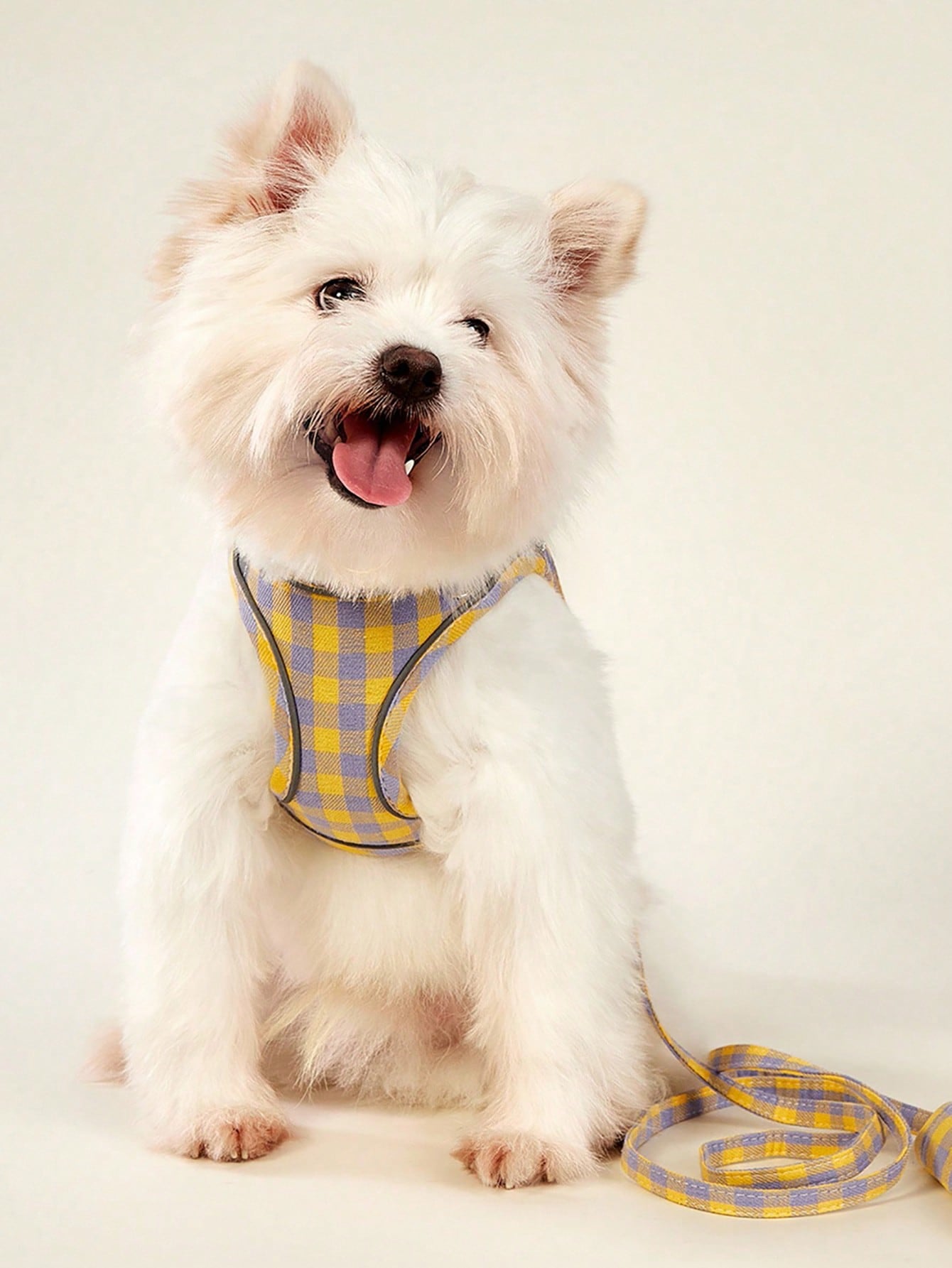 Yellow plaid breathable vest-style dog harness leash set for small and medium cats or dogs, made from polyester for outdoor use