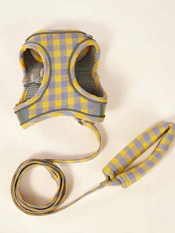 Yellow plaid breathable vest-style dog harness leash set for small and medium cats or dogs, made from polyester for outdoor use