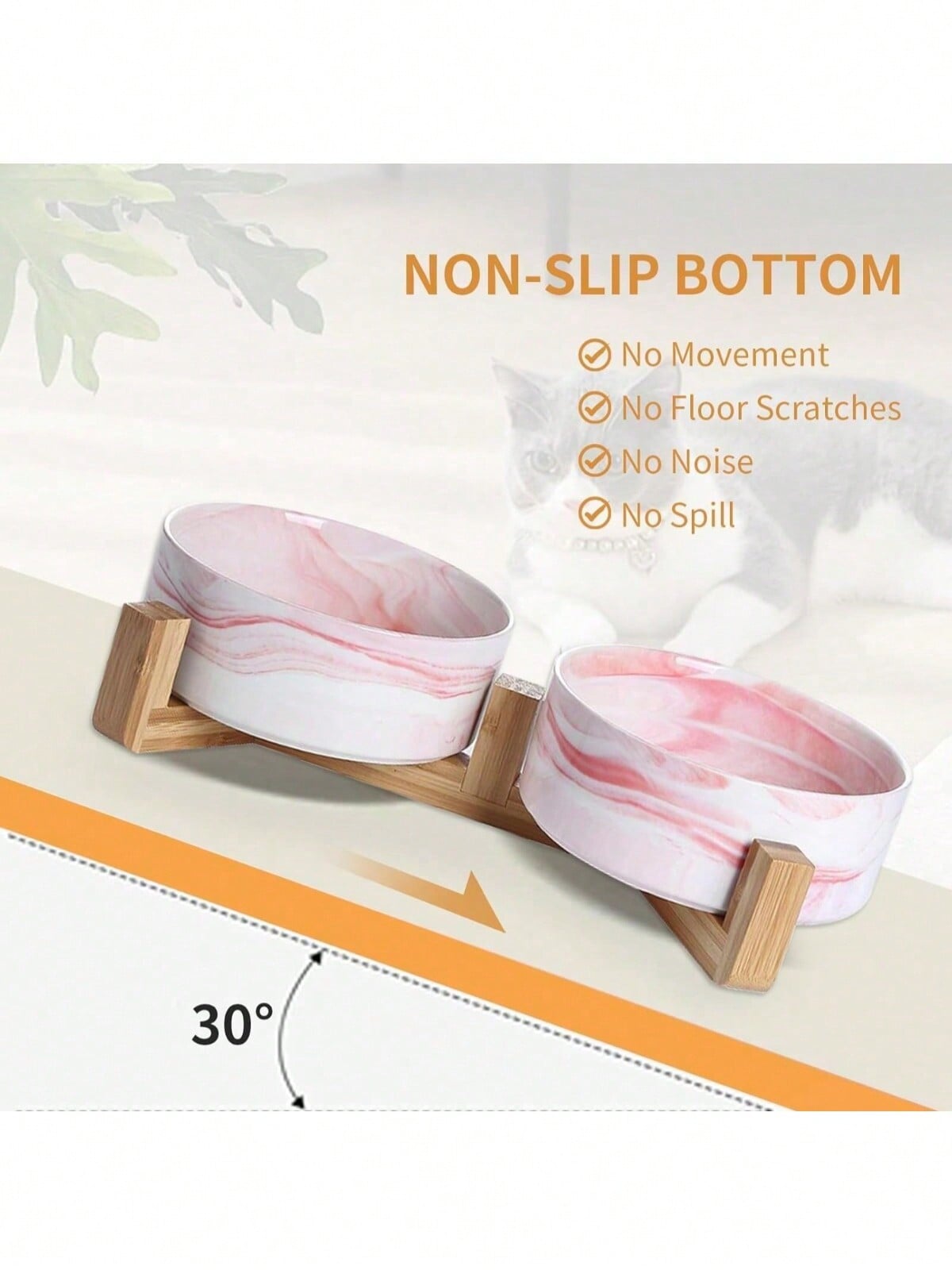Ceramic Cat/Dog Bowl With Anti-Slip Wooden Stand, Elevated Pet Food & Water Bowl, Round Pet Feeding Bowl, Dishwasher , Easy To Clean