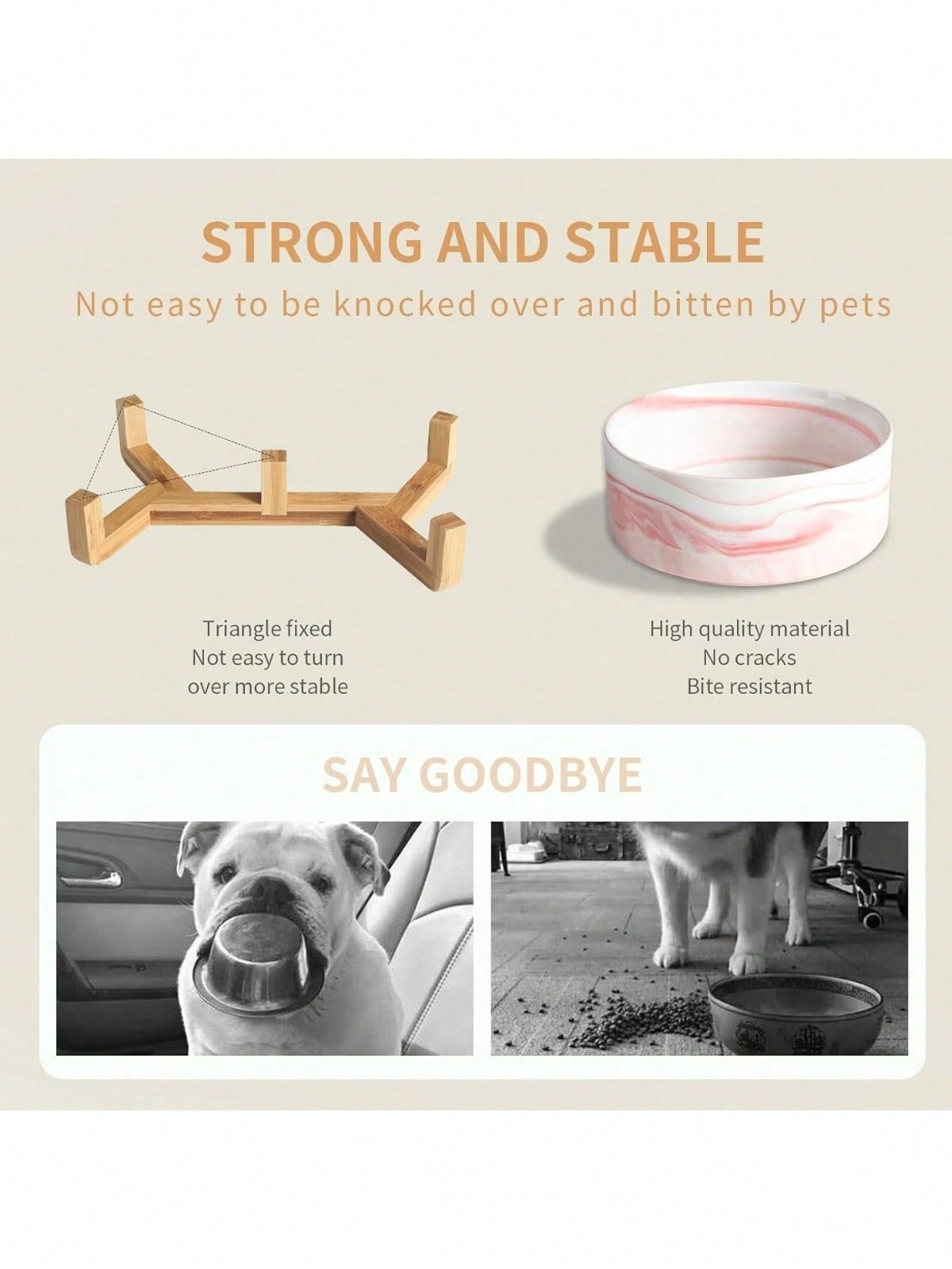 Ceramic Cat/Dog Bowl With Anti-Slip Wooden Stand, Elevated Pet Food & Water Bowl, Round Pet Feeding Bowl, Dishwasher , Easy To Clean