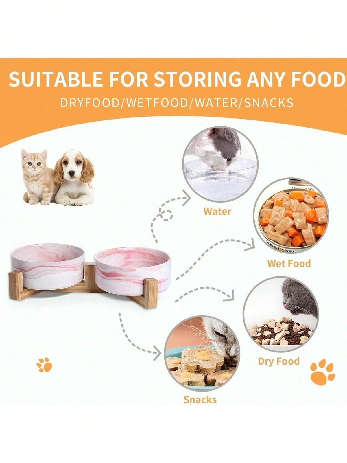 Ceramic Cat/Dog Bowl With Anti-Slip Wooden Stand, Elevated Pet Food & Water Bowl, Round Pet Feeding Bowl, Dishwasher , Easy To Clean