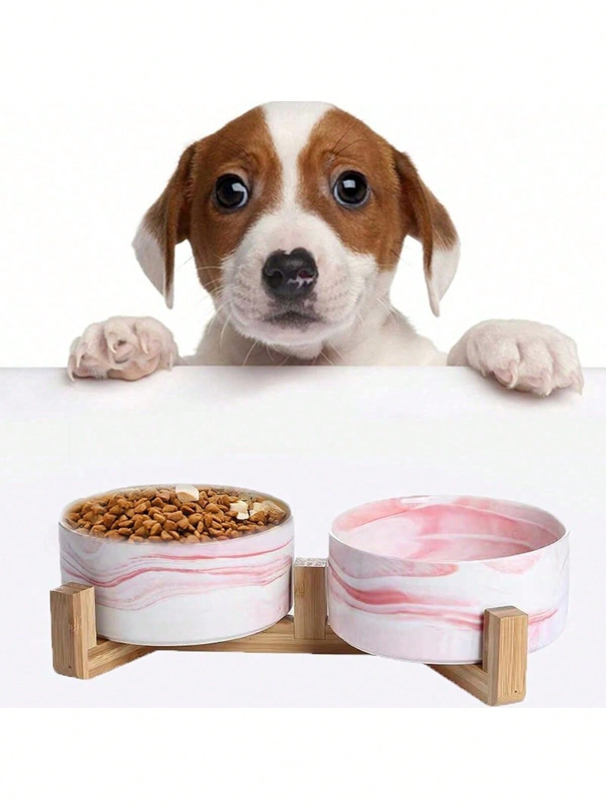 Ceramic Cat/Dog Bowl With Anti-Slip Wooden Stand, Elevated Pet Food & Water Bowl, Round Pet Feeding Bowl, Dishwasher , Easy To Clean