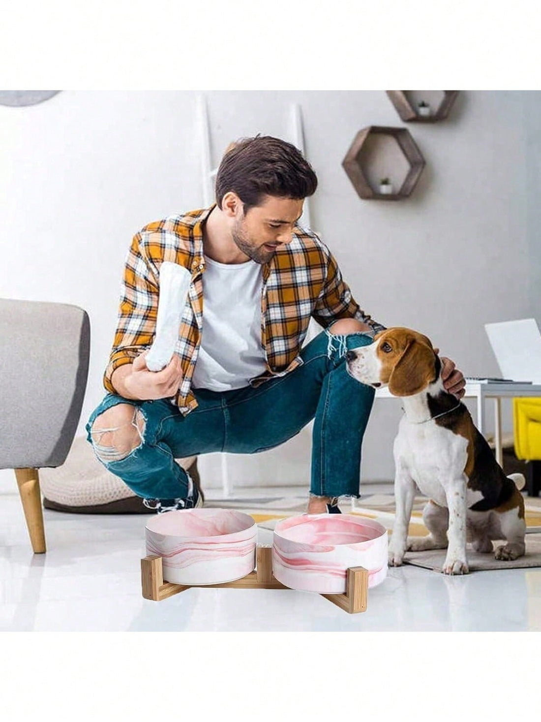 Ceramic Cat/Dog Bowl With Anti-Slip Wooden Stand, Elevated Pet Food & Water Bowl, Round Pet Feeding Bowl, Dishwasher , Easy To Clean