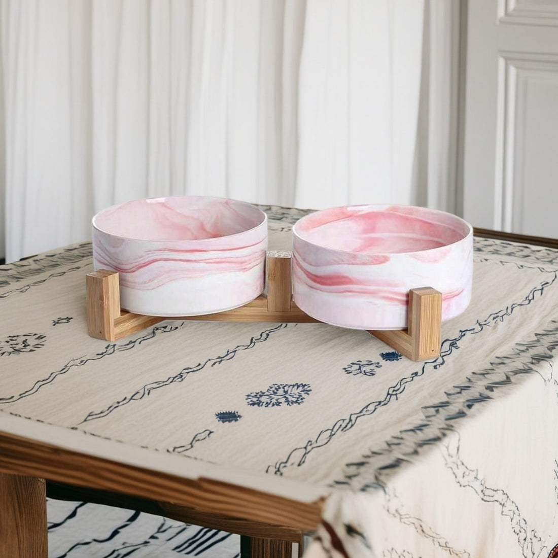 Ceramic Cat/Dog Bowl With Anti-Slip Wooden Stand, Elevated Pet Food & Water Bowl, Round Pet Feeding Bowl, Dishwasher , Easy To Clean